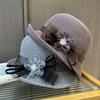 New hat women's spring and summer thin knitted sun hat middle-aged and elderly elegant crimped basin hat sunscreen mesh flower bucket hat