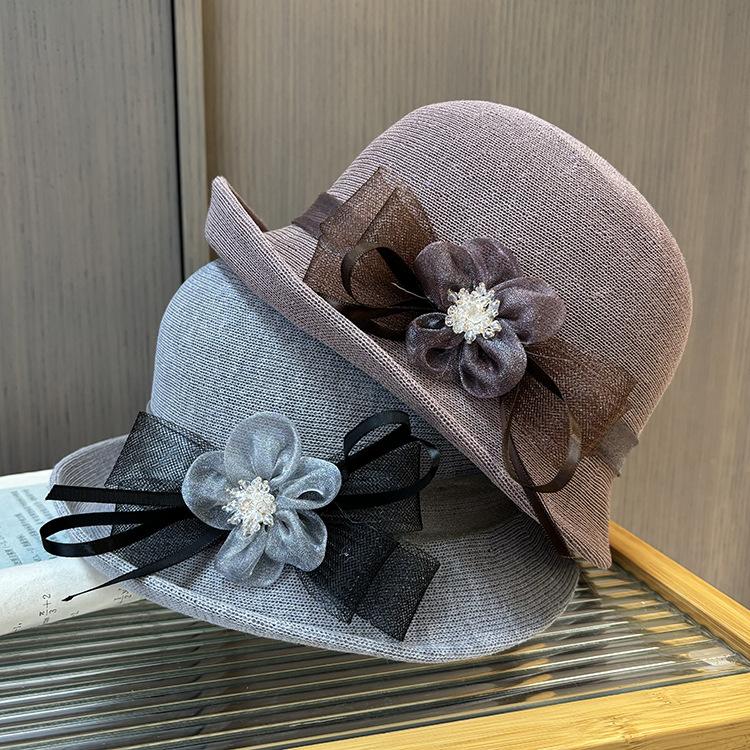 New hat women's spring and summer thin knitted sun hat middle-aged and elderly elegant crimped basin hat sunscreen mesh flower bucket hat