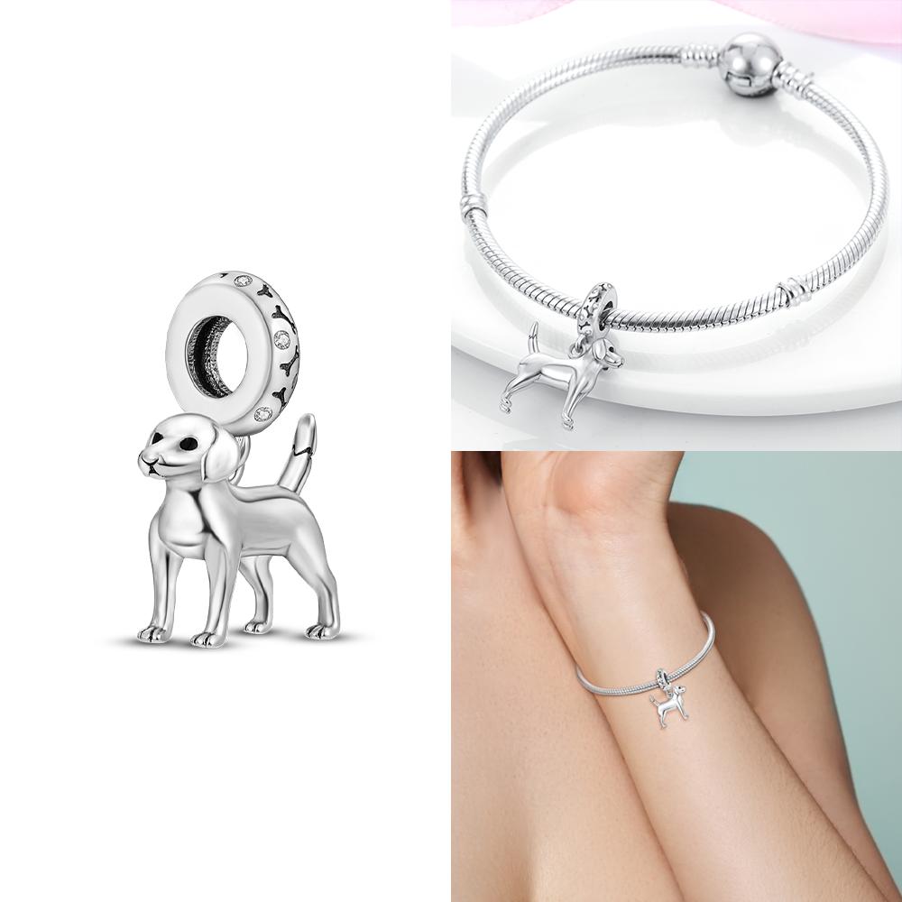 

925 Silver Pink Claw Bones Running Dog Pendant Heart Bead Fit Bracelet Women Jewelry Diy Childish Fine Gift