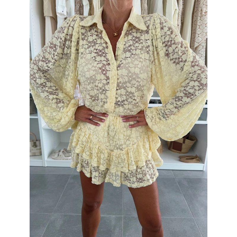 

European and American Summer New Women clothes Temperament Puff sleeve Lapel Shirts Frill Skirt sets Women Suit Light yellow XL