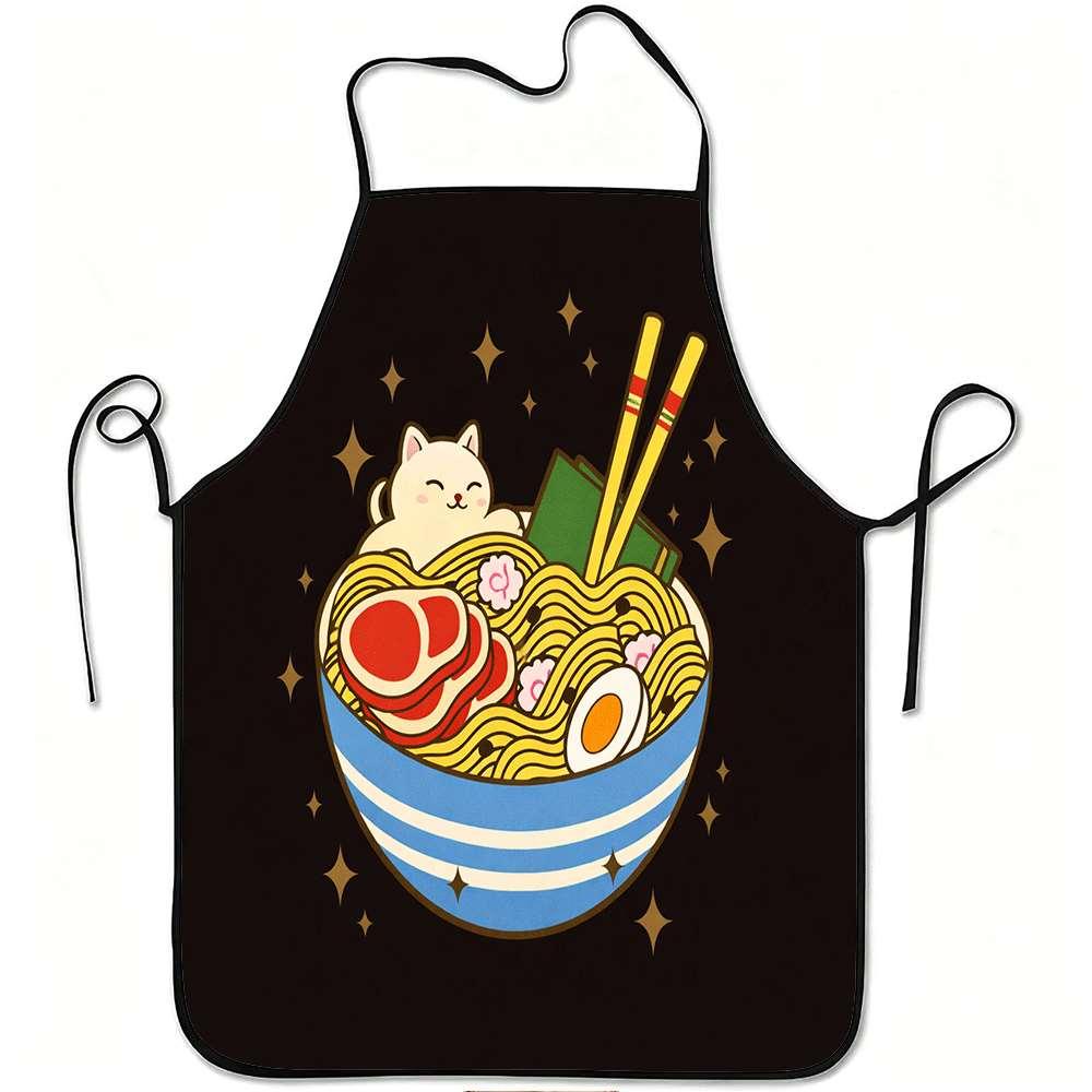Cute Cat Ramen Printed Apron, Fun Cartoon Japanese Food Pattern Cooking Apron