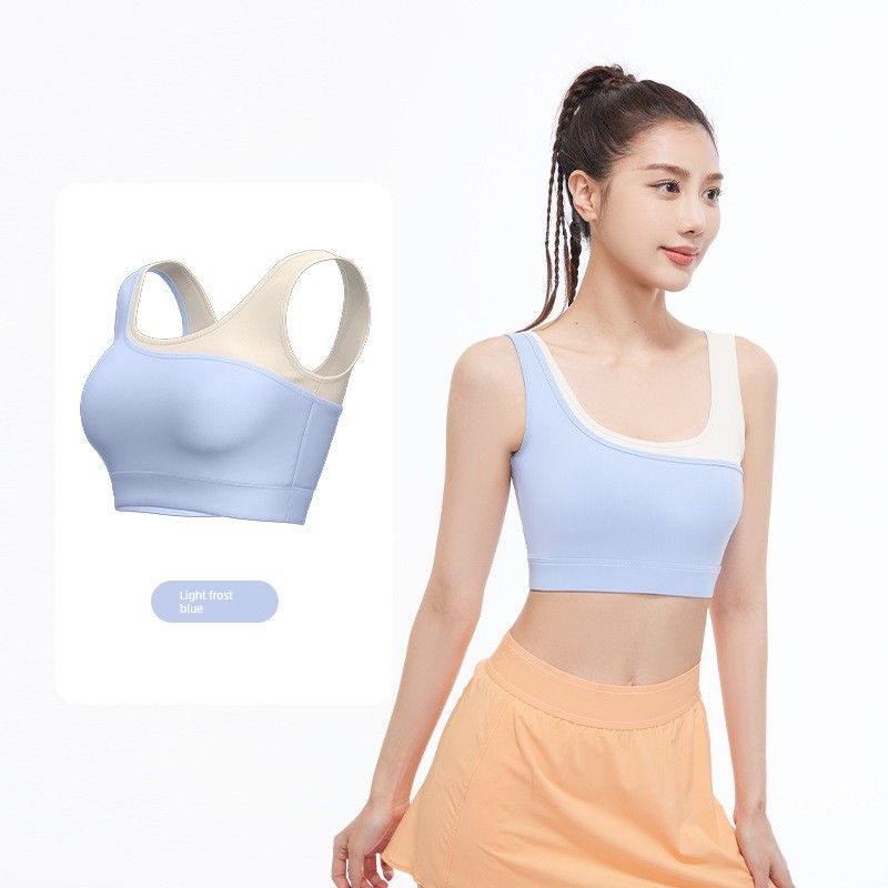 

2024 New Arrival Color Matching Yoga Bra Female Fixed One-Piece Elastic Strength Shockproof U-Shaped Sports Underwear Vest Light frost blue M