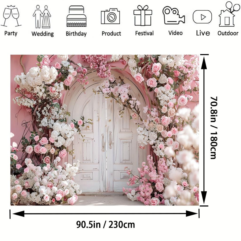 Mehrzweck-Polyester-Fotohintergrund - romantischer Rosenbogen und weiße Tür