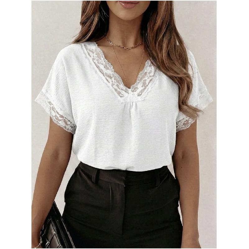 V-neck lace patchwork short-sleeve T-shirt women's summer new loose fashion top