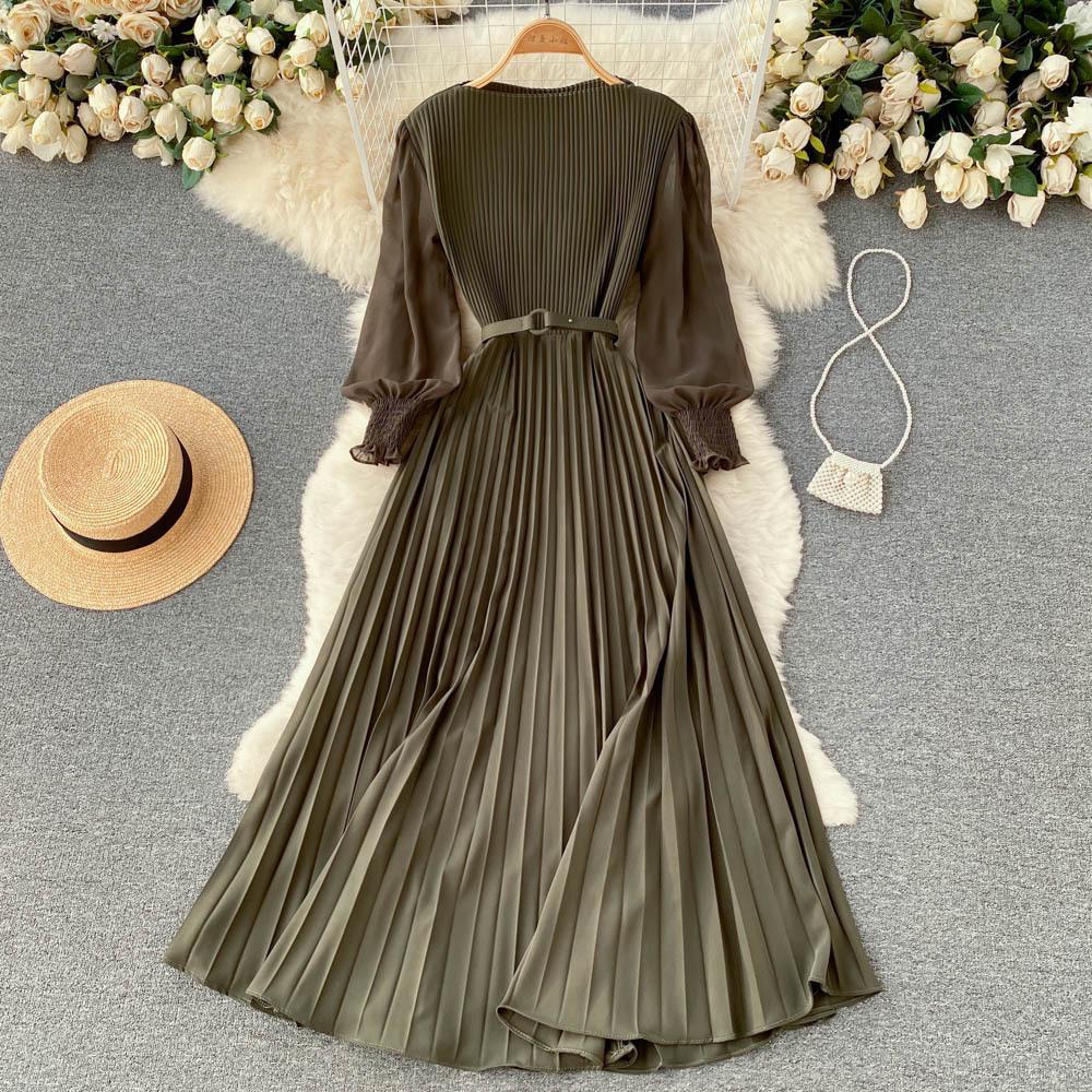 Vestido plisado francés de primavera para adelgazar - Elegante falda larga que ciñe la cintura