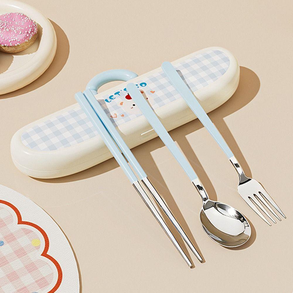 Stainless Steel Chopsticks Three-piece Set Cartoon Pattern Fork Dining Utensils Kit  Office Use