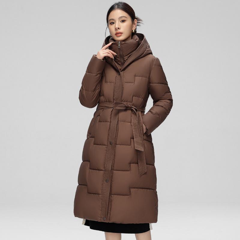 Winter Damen Lange Entendaunen Baumwolljacke mit Gürtel Dicker warmer Luxus Schlanker Parkamantel mit Kapuze