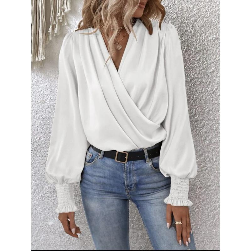 Elegante Bluse für Damen mit V-Ausschnitt, Laternenärmeln, Temperament, Pendlerbluse für Damen in Volltonfarbe