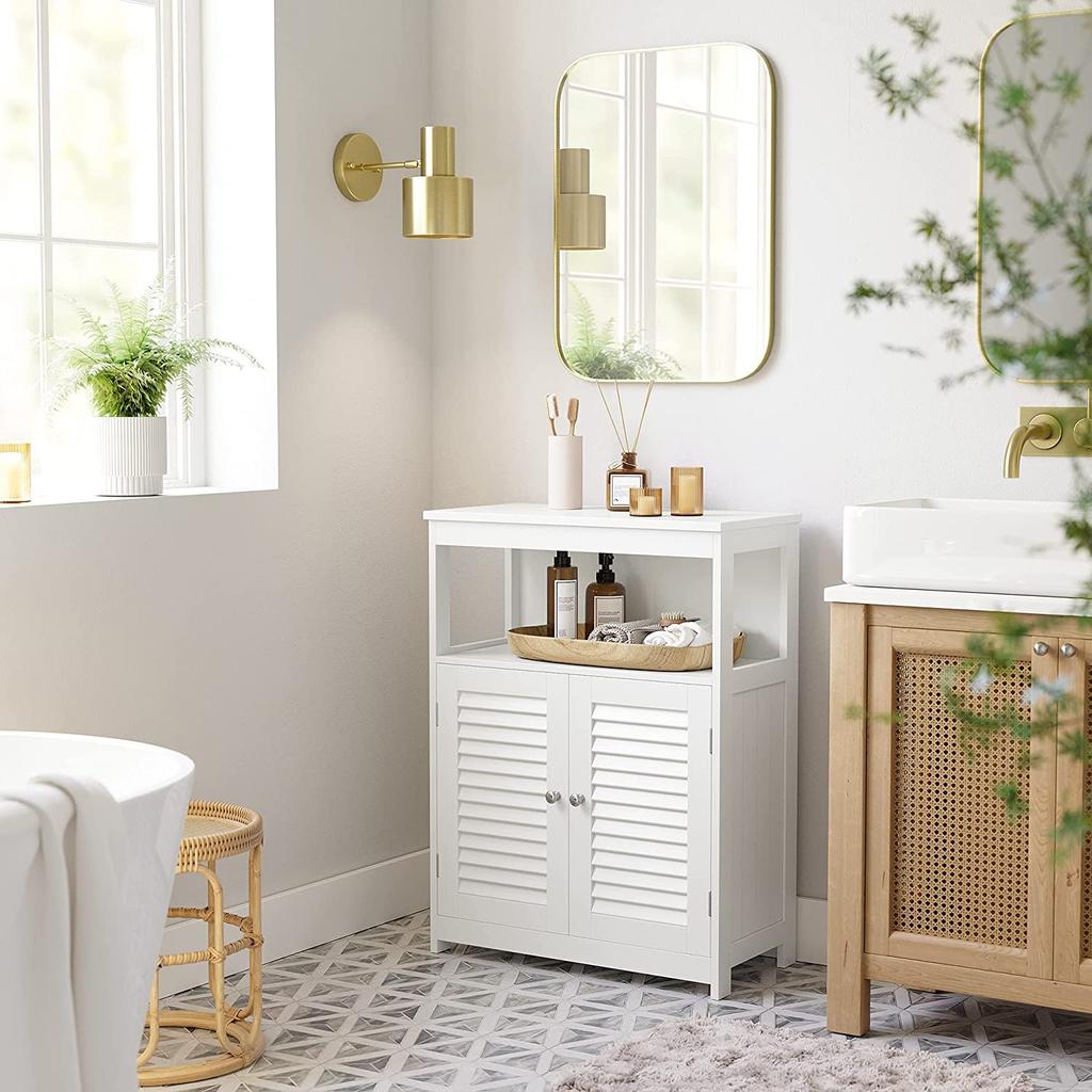 VASAGLE Wooden Bathroom Floor Cabinet Storage Organiser Rack, Kitchen Cupboard Free Standing, with Double Shutter Doors, White