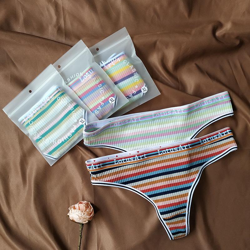 Women's Panties Classic Panty Vintage Underwear Rainbow Stripe Sweet and Cute Low Waist Panties Thong Cotton Sexy Panties Exposed Buttocks