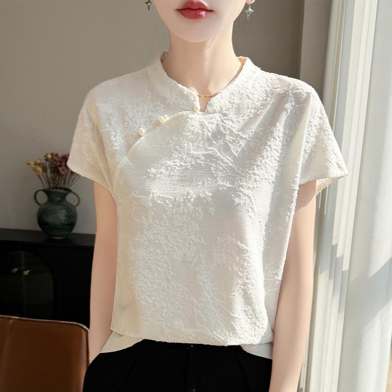 Retro Button-up Three-dimensional Jacquard Knitted Short-sleeved T-shirt for Women, Summer Lightweight Sleeveless Top