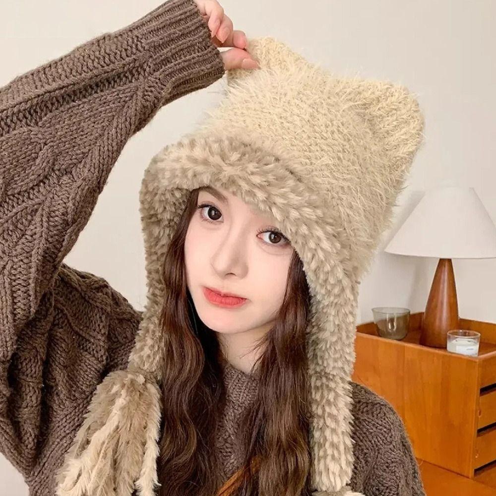 Cute Edge Winter Hat Ear Protection Warm Knitted Woolen Hat Windproof Thermal Beanie Cap Winter