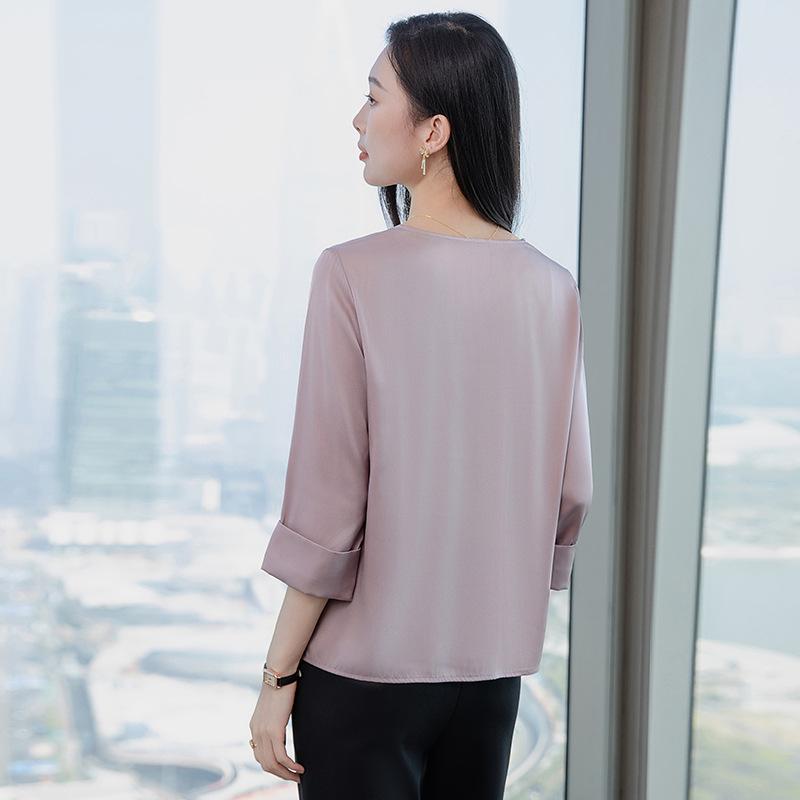 2025 Spring Women's V-Neck Mulberry Silk Blouse - Solid Color, Loose Fit