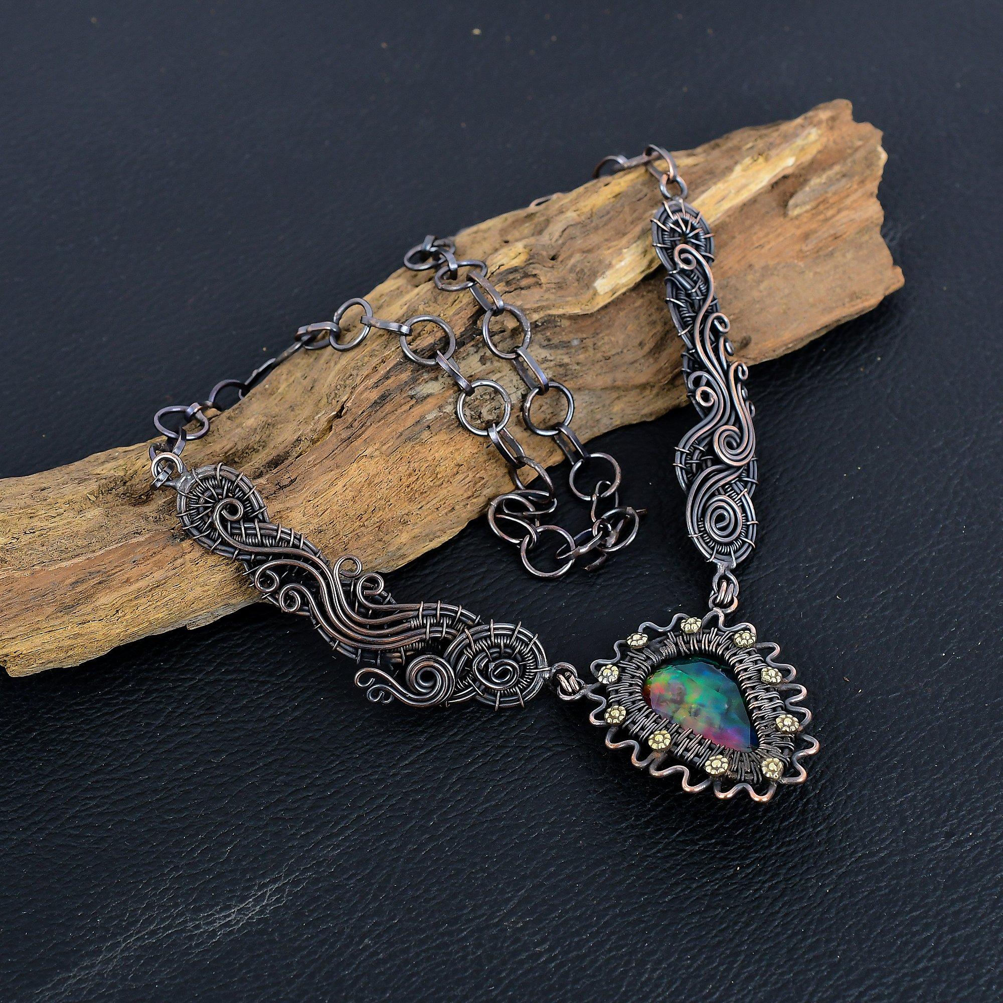 

Ammolite Necklace Handmade Jewelry, 999 Copper Wire Wrapped Necklace Designer Gemstone Jewelry Adjustable Chain Necklace Gift For Mom