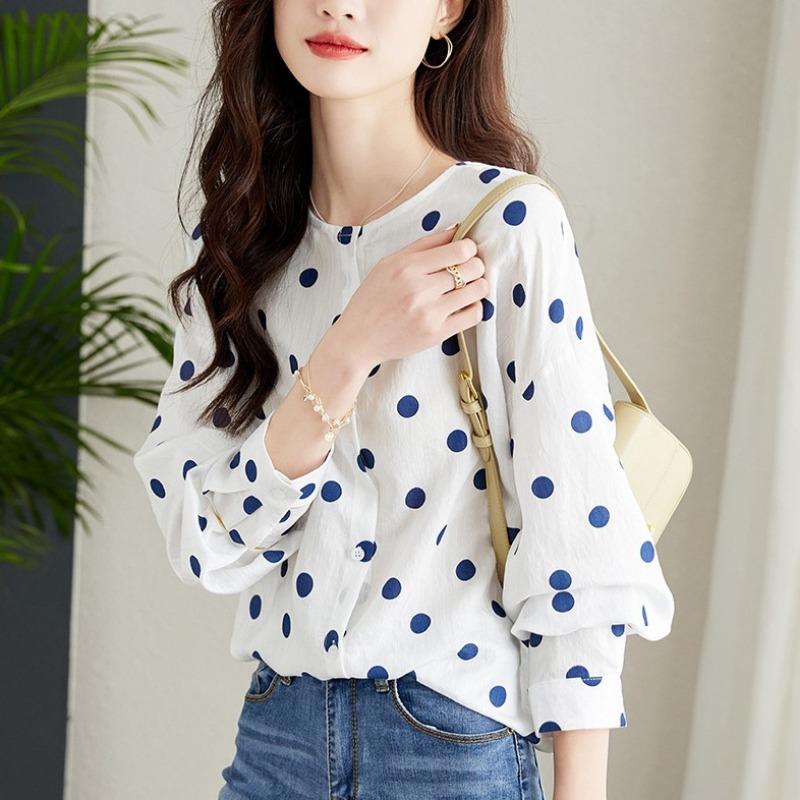 Women Polka Dot Print Round Neck Loose Lantern Sleeve Long Sleeve Casual Shirt S
