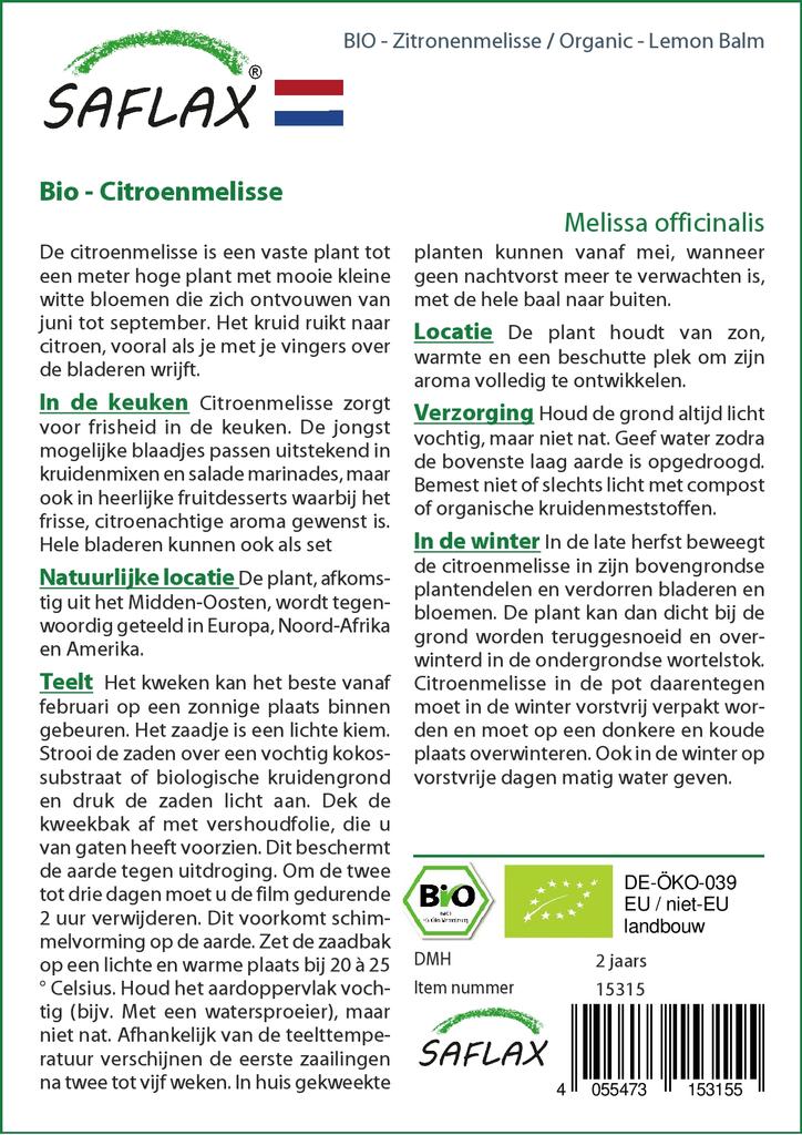 SAFLAX Garden In the Bag - Organic - Lemon Balm - 1000 Seeds - With Substrate In a Fitting Stand Up Bag - Melissa Officinalis