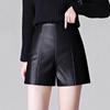 Women's Black PU Leather High-Waist A-line Shorts - 2026 Autumn Winter Collection: Petite, Slimming, Wide-Leg Bootcut Style