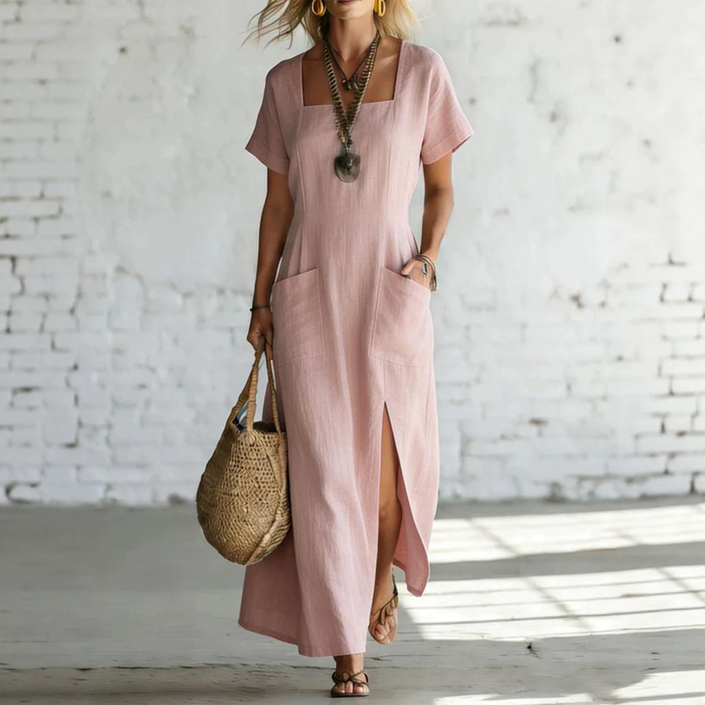 Summer New Style Solid-color Loose V-neck Short-sleeved Dress for Women, Irregular-length Dress
