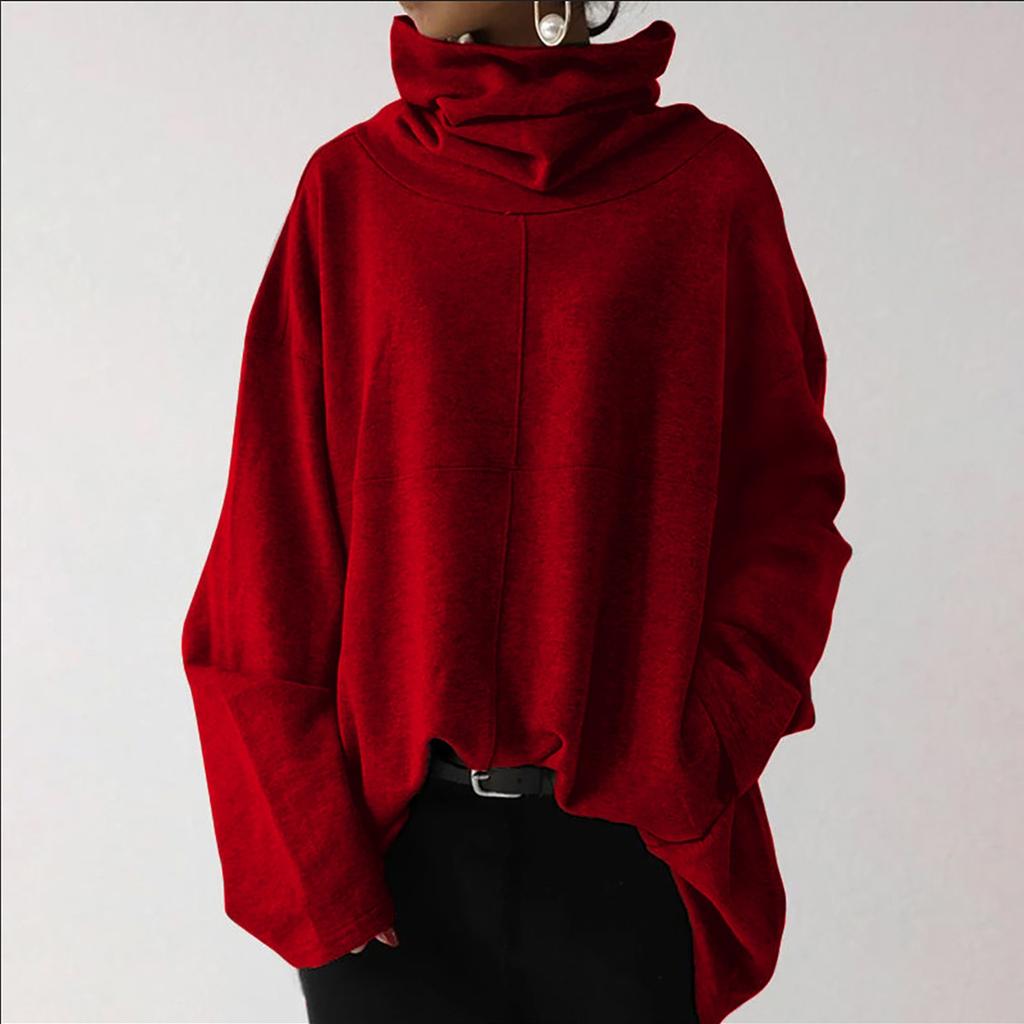 Women's Loose Casual Long Sleeve High Collar Pullover Solid Color Pocket Sweater