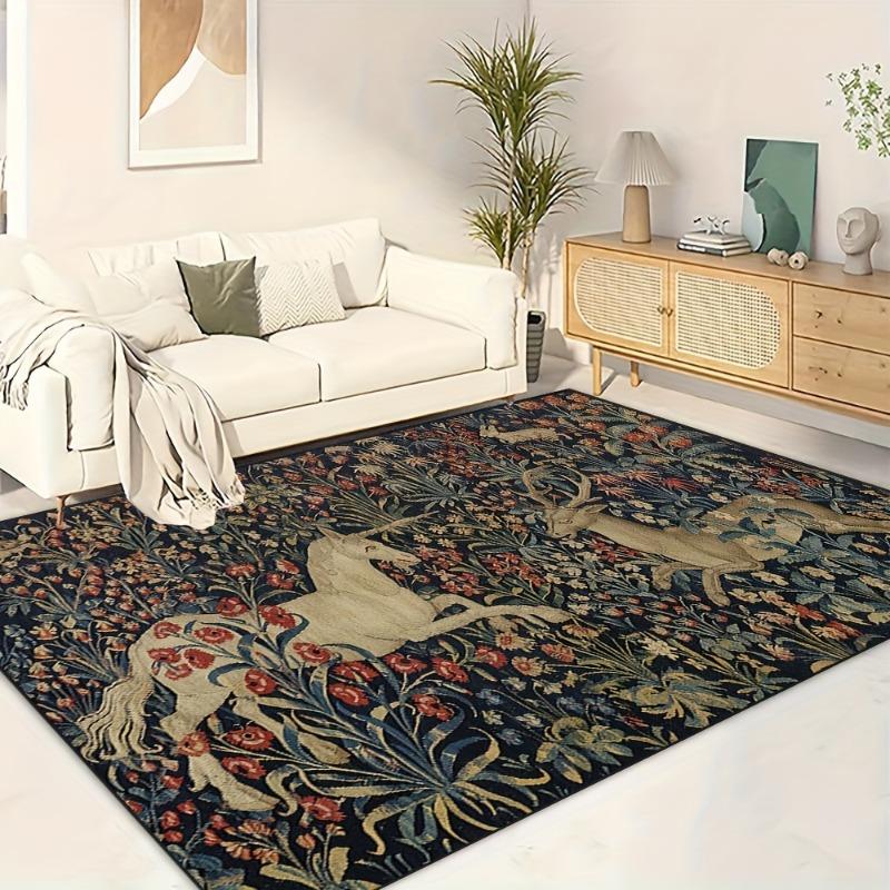 Large Area Living Room Mat, Vintage Medieval Unicorn, Washable, Suitable for Living Rooms, Office, Bedrooms, Home Decor and More