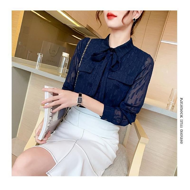 Bow-tie chiffon women's long-sleeve shirt, 2026 new model, spring and autumn blue blouse