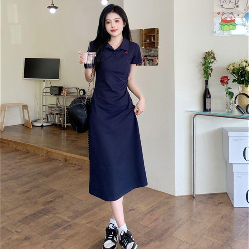 Women's Embroidered Polo Collar Short-Sleeved T-Shirt Dress - Waist-Cinching Slim Summer Long Skirt, Academy Style.