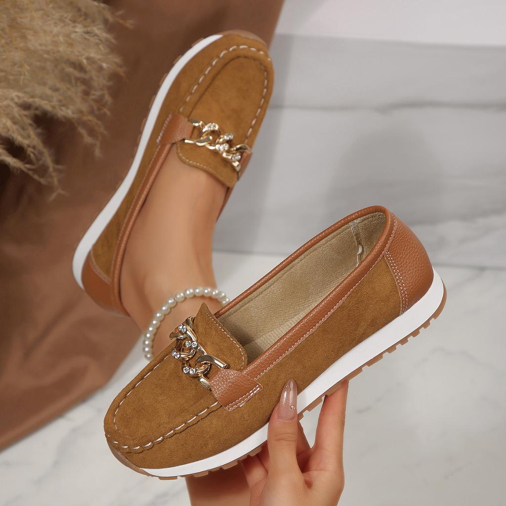 Fashi Metallkette Weiche Sohle Ballerinas Damen Frühling Herbst Wildleder Leder Plateau Loafer Damen zum Hineinschlüpfen N Slip Lässige Schuhe
