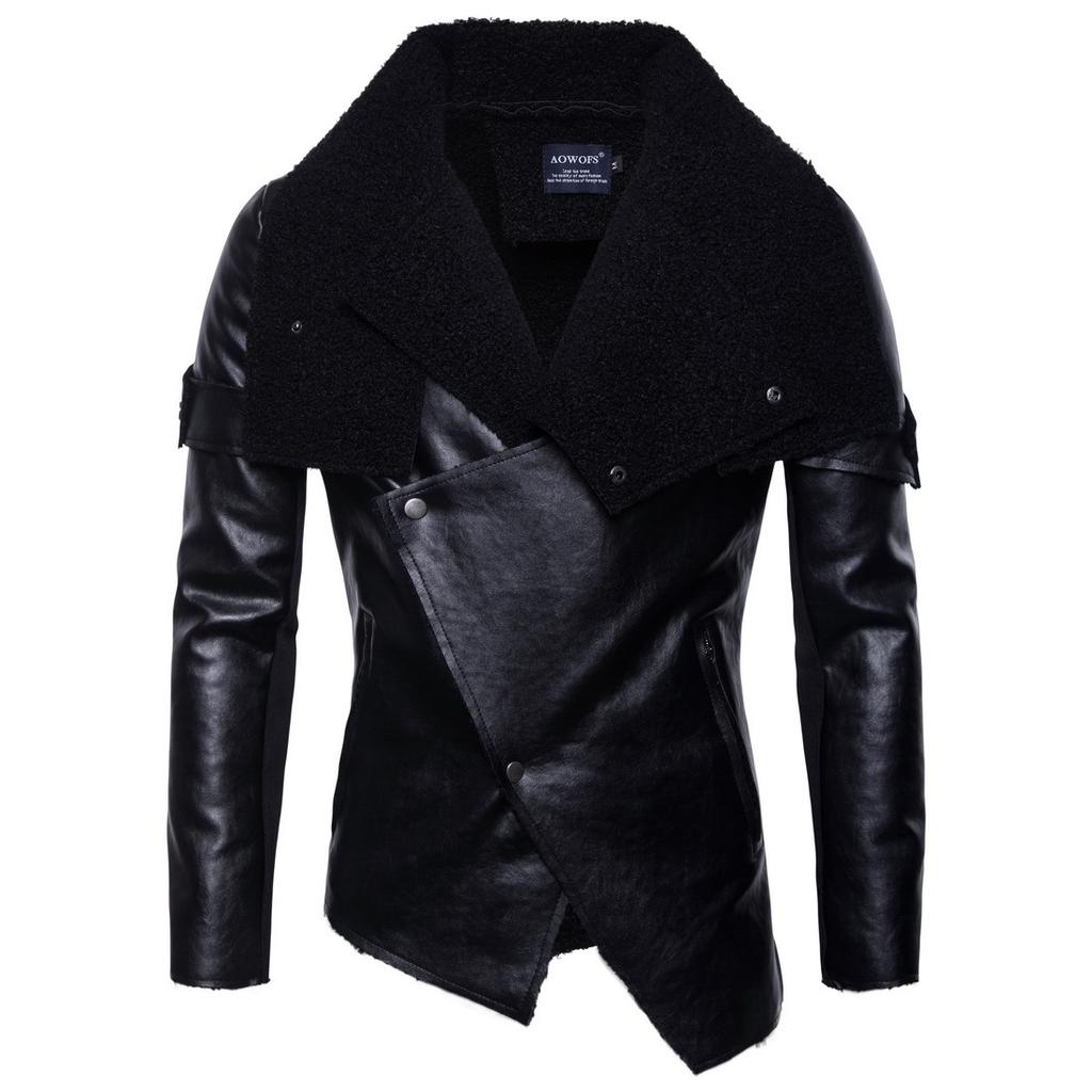 Cross Border Men's European Size Fashionable Irregular Design PU Leather Jacket With Plush Warm Leather Jacket PY1258