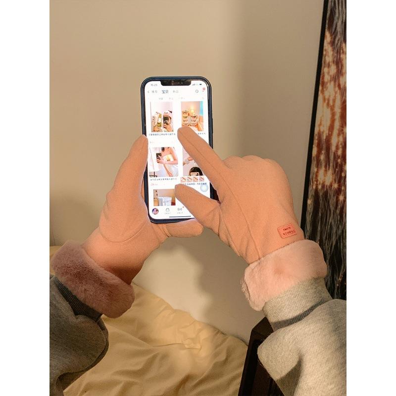 Suede gloves winter women's fleece thickened
