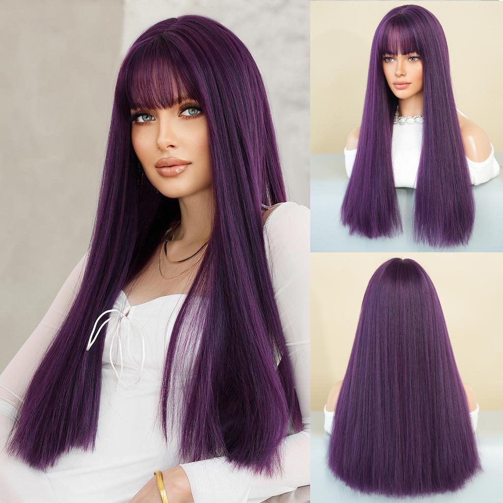 Multi Colored Optional Long Straight Hair With Bangs Wig Women's Full Head Set Natural Synthetic Matte High-temperature Silk