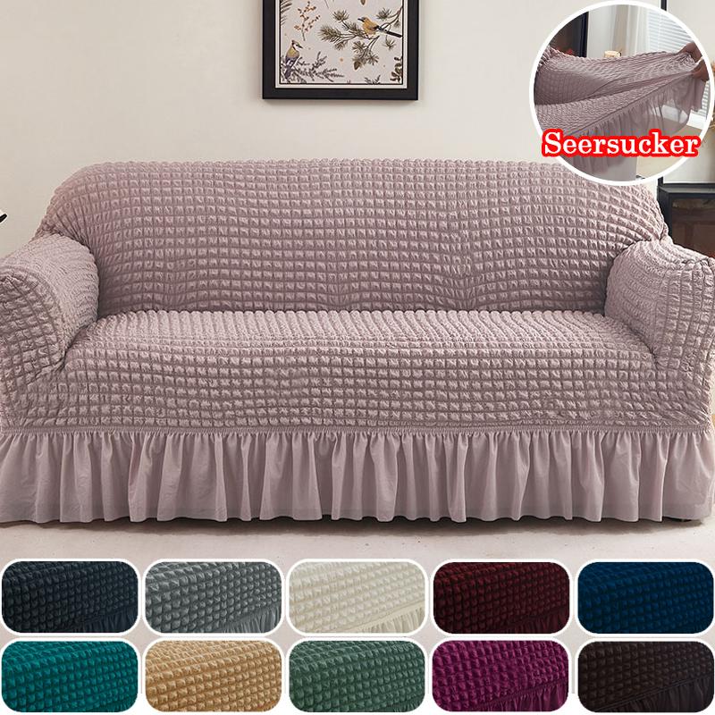 1Pc Seersucker Sofa Slipcover With Skirt Solid Color Bubble Gauze Sofa Couch Cover Dustproof Furniture Protector For Living Room