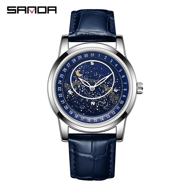 Sanda Classic Men s Fashion Watch with Leather Strap and Creative Star  Moon Dial – High-End Quartz Business Wristwatch