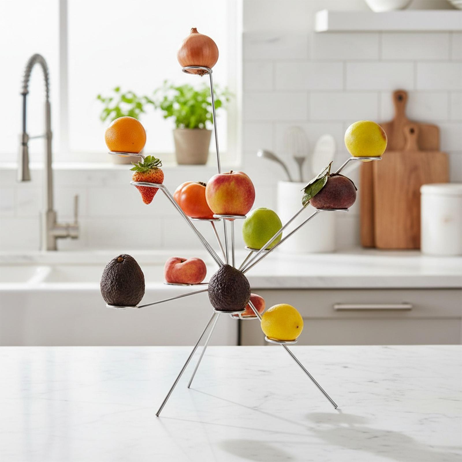 Spectacular Fruit Display, 360° Art Floating Metal Fruit Plate, Modern Exploding Fruit Bowl Unique Design Fruit Tray for Home argento