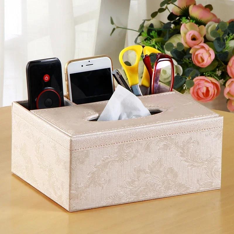 PU Leather Tissue Box Cover Desk Makeup Cosmetic Organizer Remote Controller Phone Holder Home Office Tissue Paper Napkin Holder