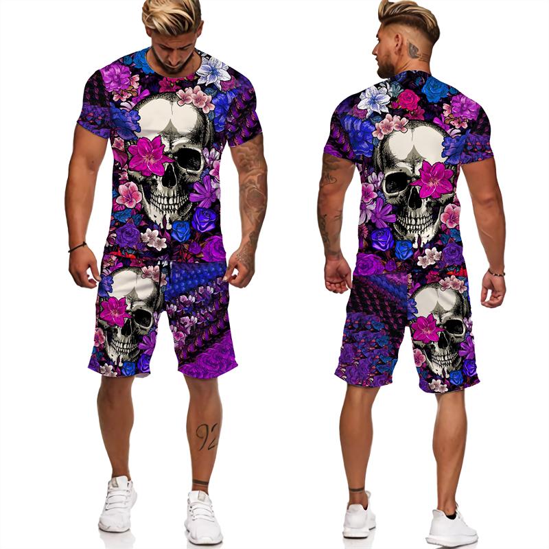 Skull Floral 3D Print Suit for Men Tshirts/Shorts 2pcs Vintage Outfits Sets Gothic Trendy Streetwear Tracksuit Clothing for Male