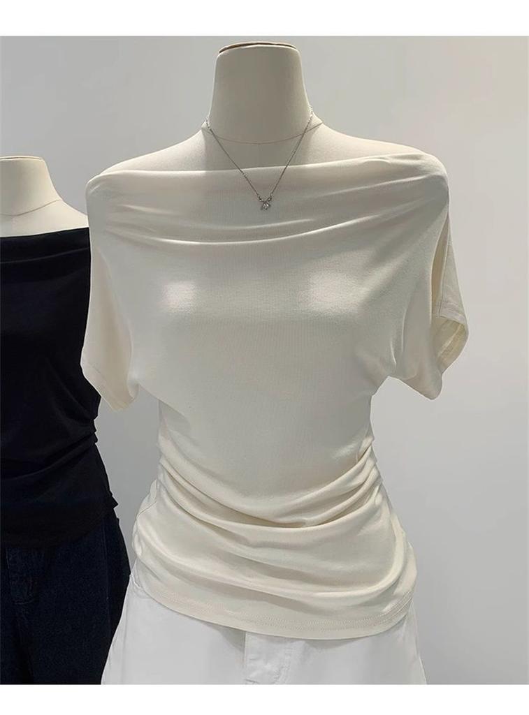 Sommer Reines Verlangen Ein Schulter Schwarz Kurzarm Damen T-Shirt Koreanischer Stil Schlankmachendes Top Freiliegende Schulter Modisch