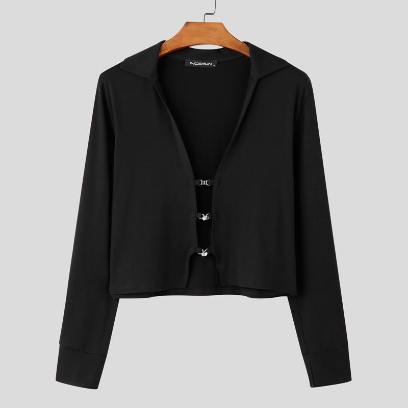 

INCERUN Летние мужские футболки с коротким рукавом и застежкой спереди, облегающие, укороченные, топы XL чёрный