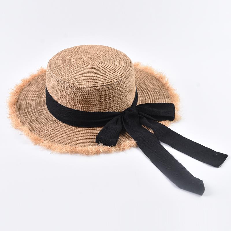 Summer Flat Top Straw Hat For Women Elegant Bow Tie Beach Sun Protection Hat