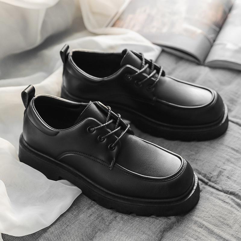 Derby Shoes Square Head Leather Shoes Men's Shoes Spring New Low-top Small Leather Shoes Youth Casual Shoes Shoes Big Head Leather Shoes