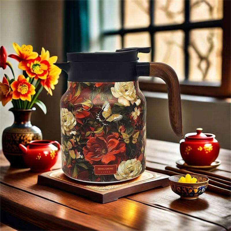 Premium Thermal Florals Teapot 1000ml Removable Infuser Stainless Steels Body And Ergonomic Wooden Handle Teas Kettle