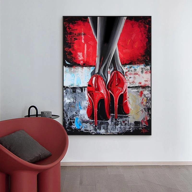 Mode Moderne Sexy Rouge Talons Hauts Chaussures Jambes de Femme Art Affiche Peinture sur Toile Impression Murale Image Salon Décoration Intérieure Cuadros