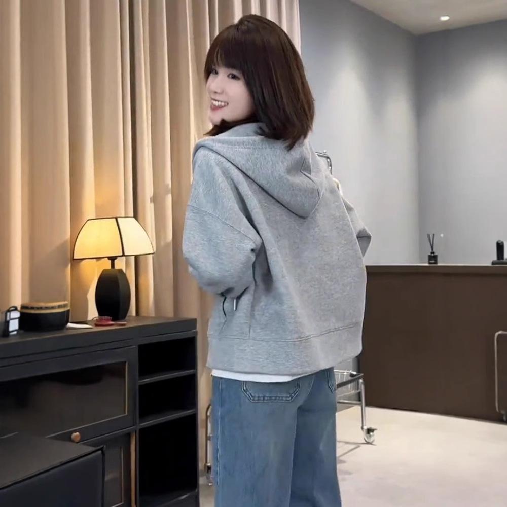 Korean Style Women's Hooded Sweatshirt Jacket - Long Sleeve, Spring 2025 Casual, Age-Defying, Versatile Cardigan