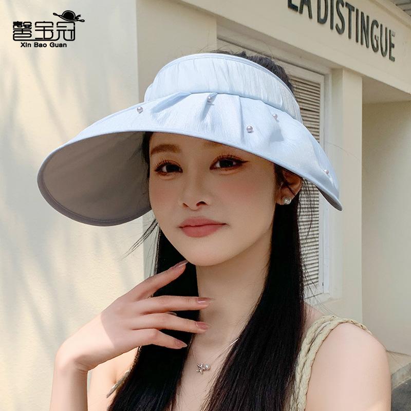 Summer sunscreen hat women's outdoor travel versatile fashion empty top hat pearl pleated big brim sun hat