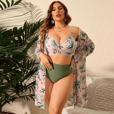 Plus Size 2024 New Sexy Bikini Swimsuit Set with 3-piece Mesh Sun Protection Long Sleeved Printed Women's High Waisted Swimsuit