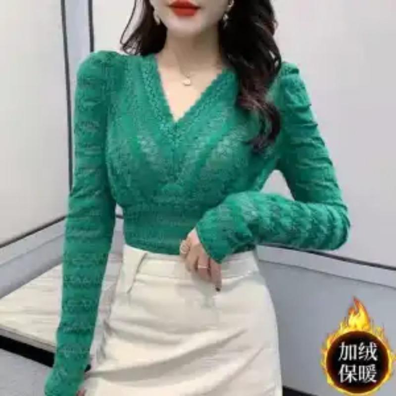 New Spring and Autumn Fashion Temperament Simple V-neck Western Style Slim Sexy High End Long Sleeve Lace Underlay Shirt