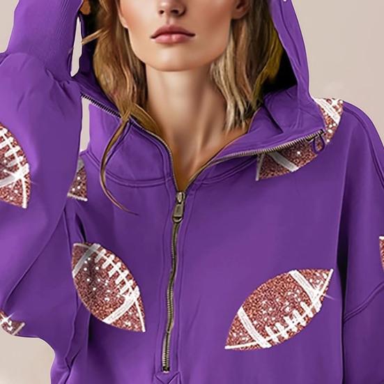 Hooded Sweatshirt for Women Half Zip Oversized Hoodies with Sequin Rugby Print Fall Casual Pullover Tops with Pockets