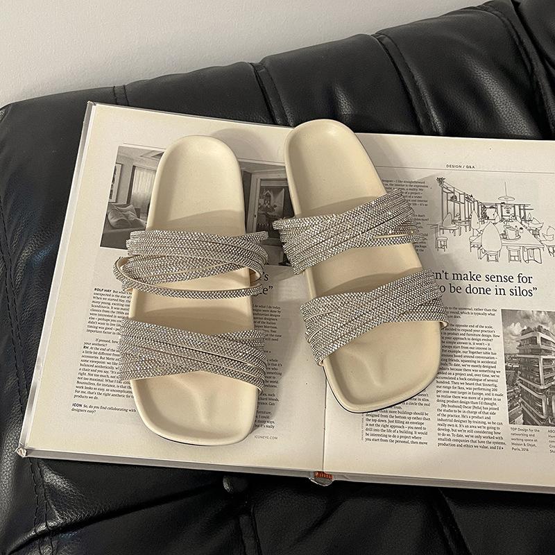 Rhinestone Cool Slippers Open-toed Flat-bottomed Roman One-word Slippers Women's 2025 Summer New Strap Versatile Casual Rhinestones