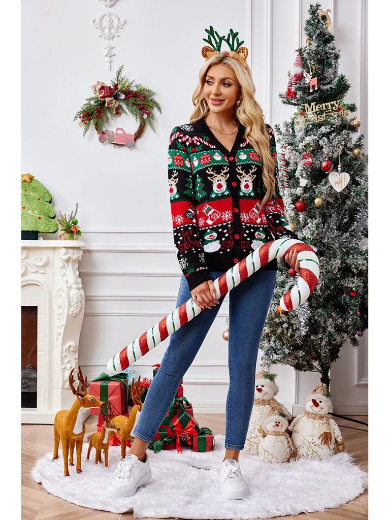 2025 Autumn/Winter Women's Long Sleeve Knit Cardigan – Casual European & American Style Christmas Sweater Coat