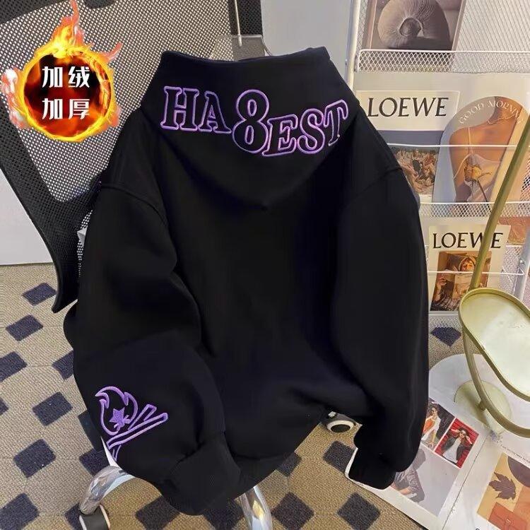 American High Street Flame Letter Embroidered Hooded Sweater Men's and Women's Autumn and Winter Tide Brand Loose Couple Pullover Jacket Top