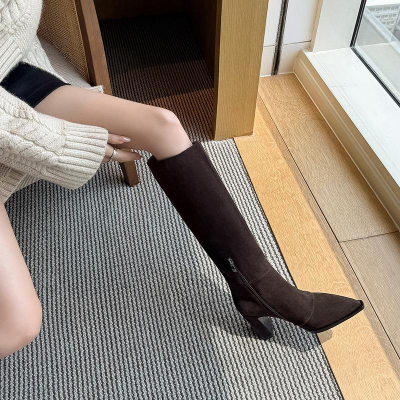8.5CM European popular high boots 2025 autumn and winter new pointed thick heels but knee thin elastic boots women